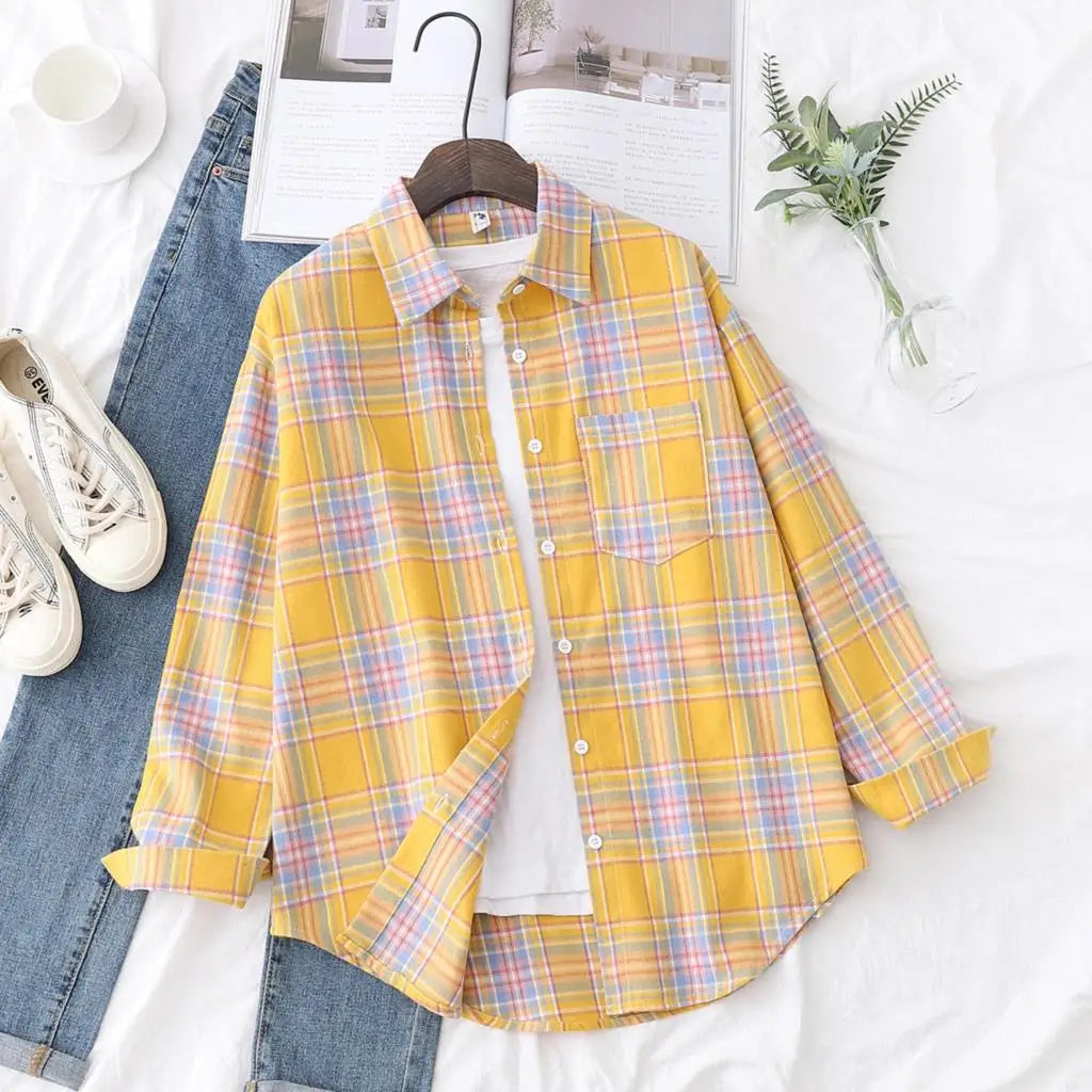 Women’s loose plaid shirt long-sleeve casual checked blouse