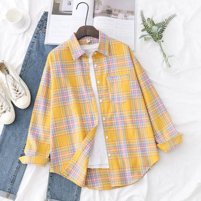 Women’s loose plaid shirt long-sleeve casual checked blouse