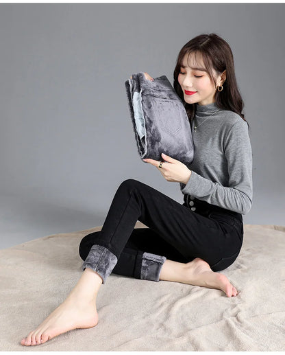 Women’s high-waist thermal skinny jeans, winter warm