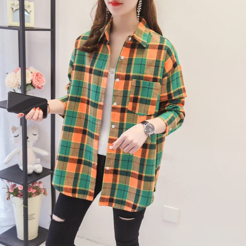 Women’s loose plaid shirt long-sleeve casual checked blouse
