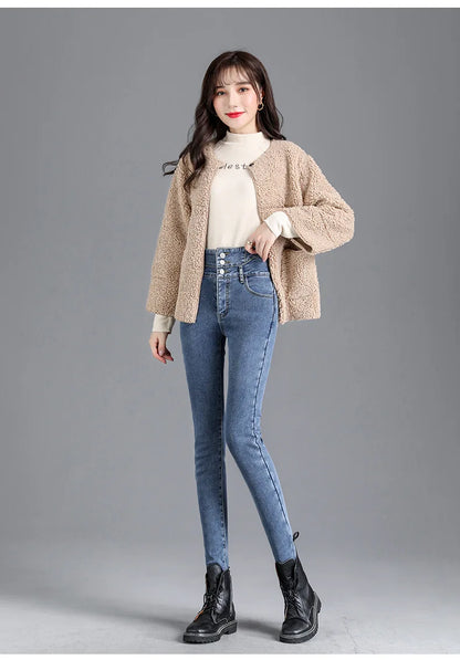 Women’s high-waist thermal skinny jeans, winter warm