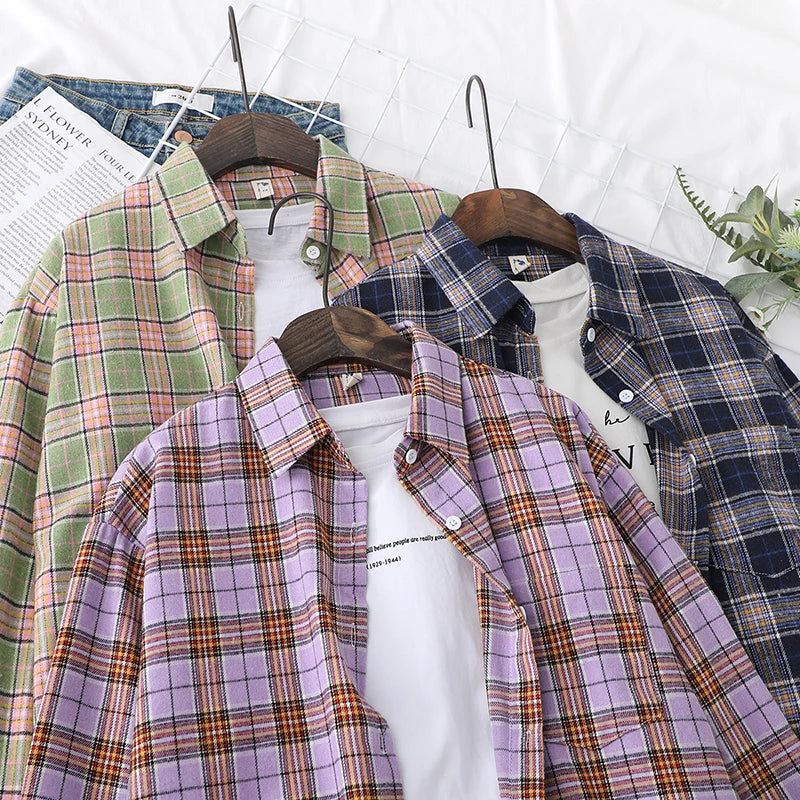 Women’s loose plaid shirt long-sleeve casual checked blouse