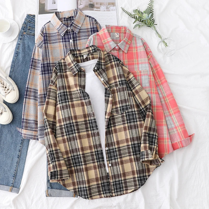 Women’s loose plaid shirt long-sleeve casual checked blouse