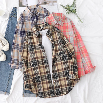 Women’s loose plaid shirt long-sleeve casual checked blouse