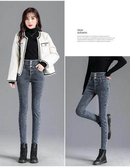 Women’s high-waist thermal skinny jeans, winter warm
