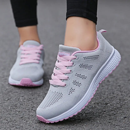 Women’s White Mesh Casual Sneakers – Breathable Flat Walking Shoes (2024)