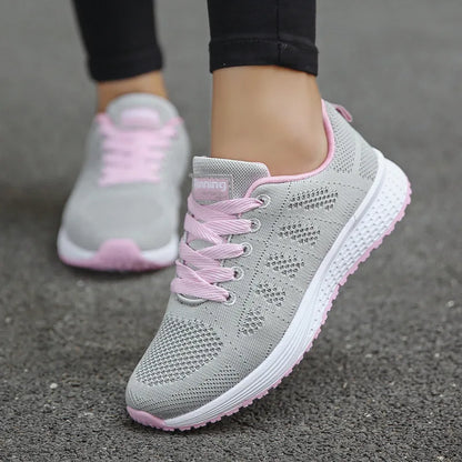 Women’s White Mesh Casual Sneakers – Breathable Flat Walking Shoes (2024)