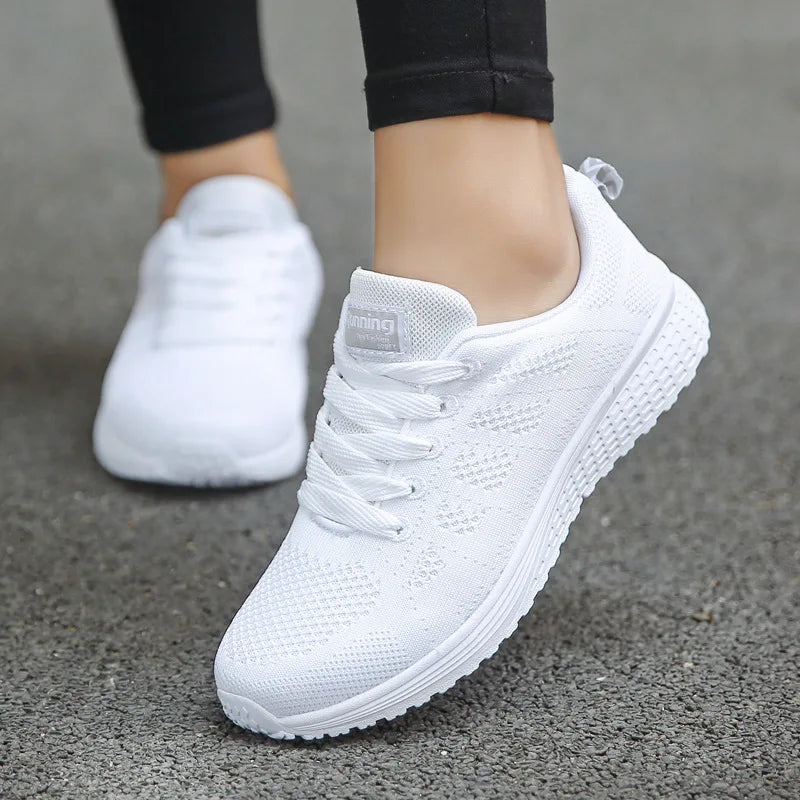 Women’s White Mesh Casual Sneakers – Breathable Flat Walking Shoes (2024)