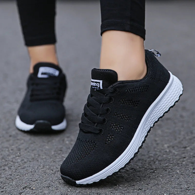 Women’s White Mesh Casual Sneakers – Breathable Flat Walking Shoes (2024)