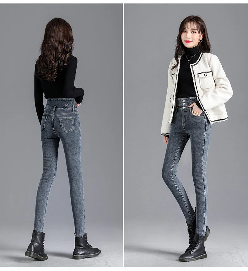 Women’s high-waist thermal skinny jeans, winter warm