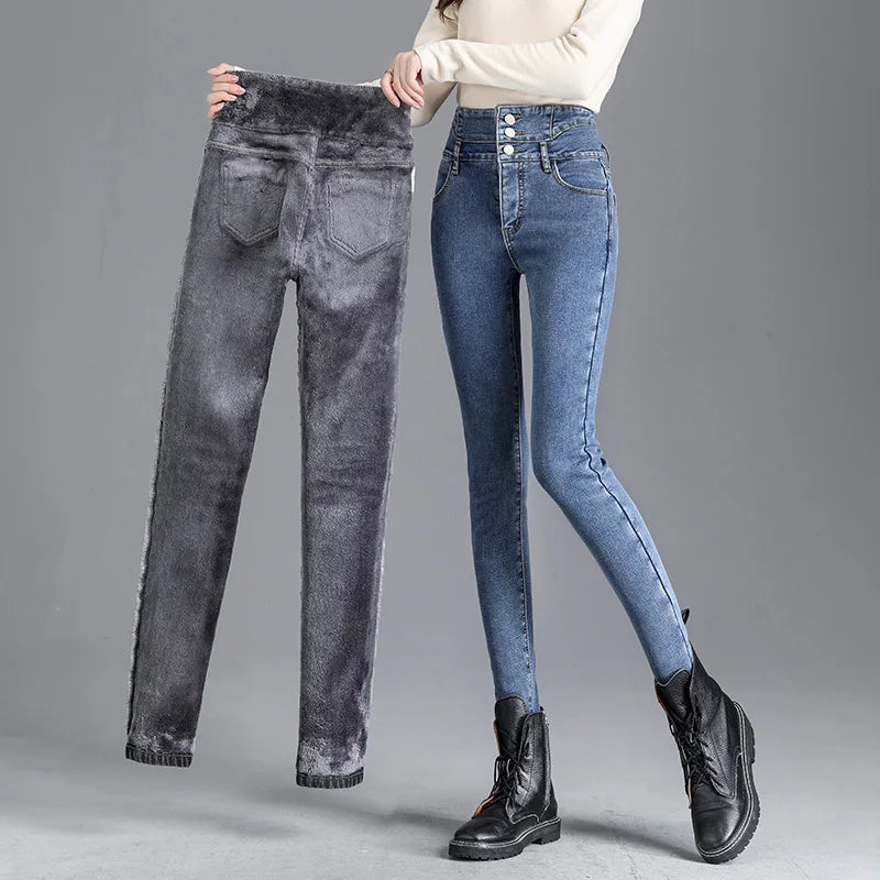 Women’s high-waist thermal skinny jeans, winter warm