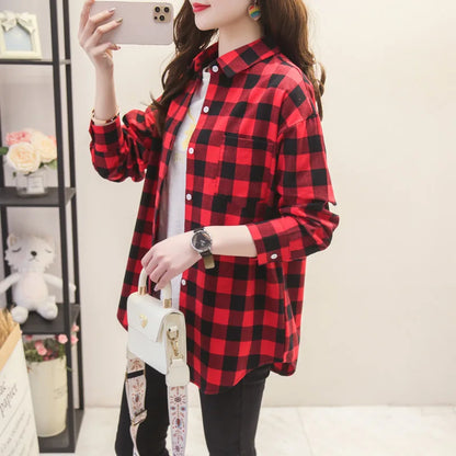 Women’s loose plaid shirt long-sleeve casual checked blouse