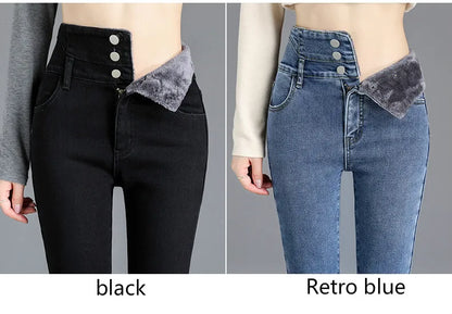 Women’s high-waist thermal skinny jeans, winter warm