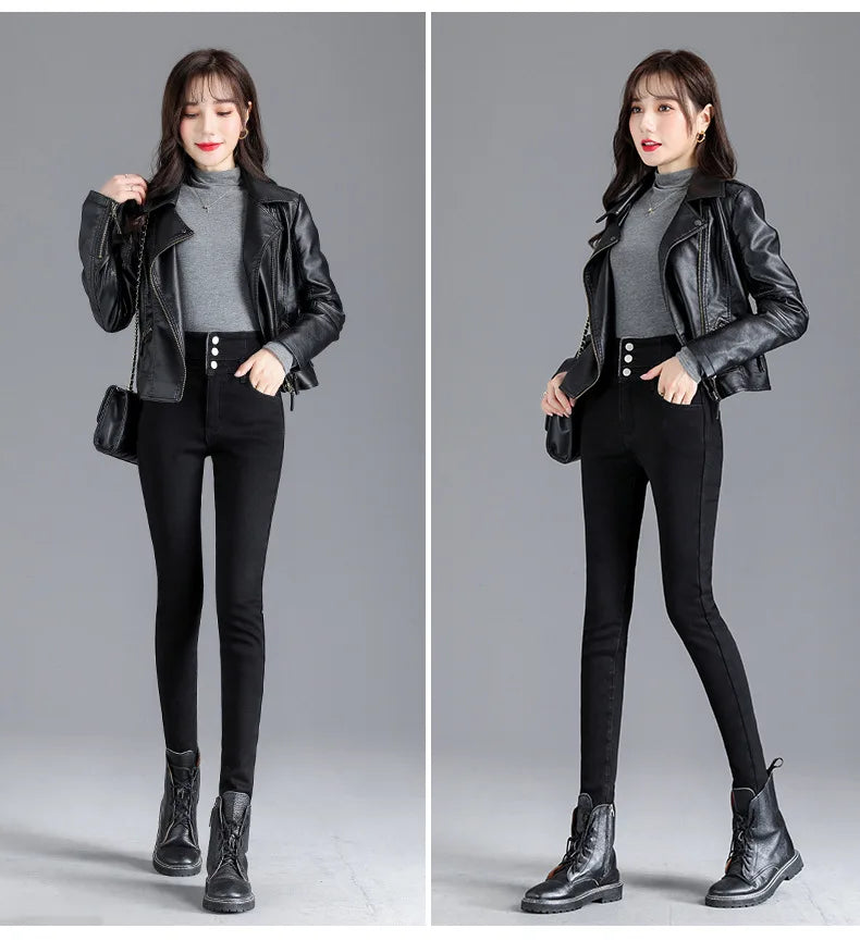 Women’s high-waist thermal skinny jeans, winter warm