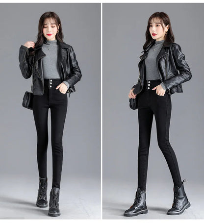 Women’s high-waist thermal skinny jeans, winter warm