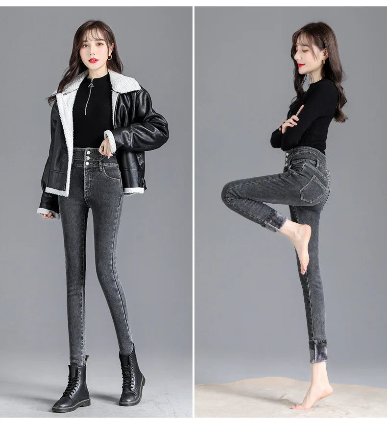 Women’s high-waist thermal skinny jeans, winter warm
