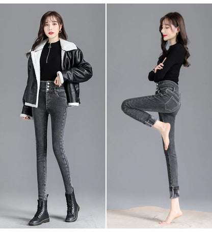 Women’s high-waist thermal skinny jeans, winter warm