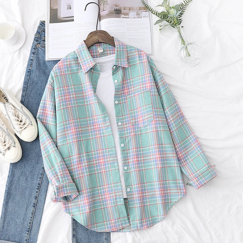 Women’s loose plaid shirt long-sleeve casual checked blouse