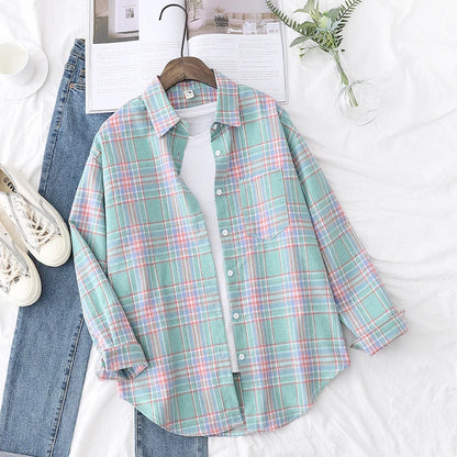 Women’s loose plaid shirt long-sleeve casual checked blouse