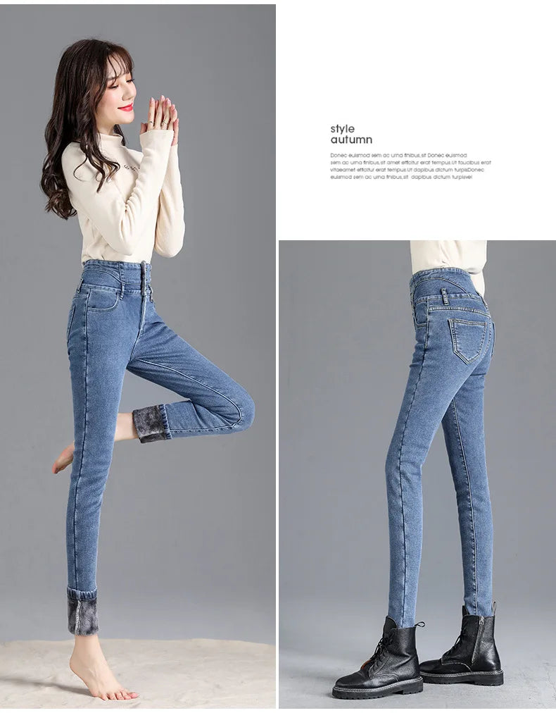 Women’s high-waist thermal skinny jeans, winter warm