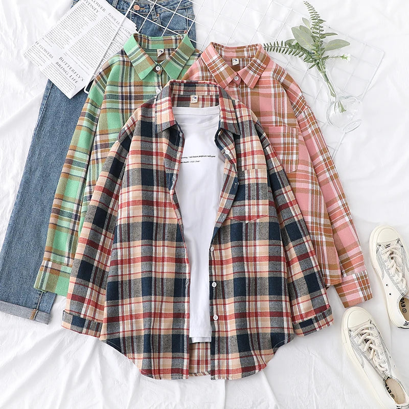 Women’s loose plaid shirt long-sleeve casual checked blouse