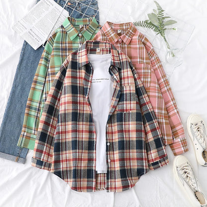 Women’s loose plaid shirt long-sleeve casual checked blouse