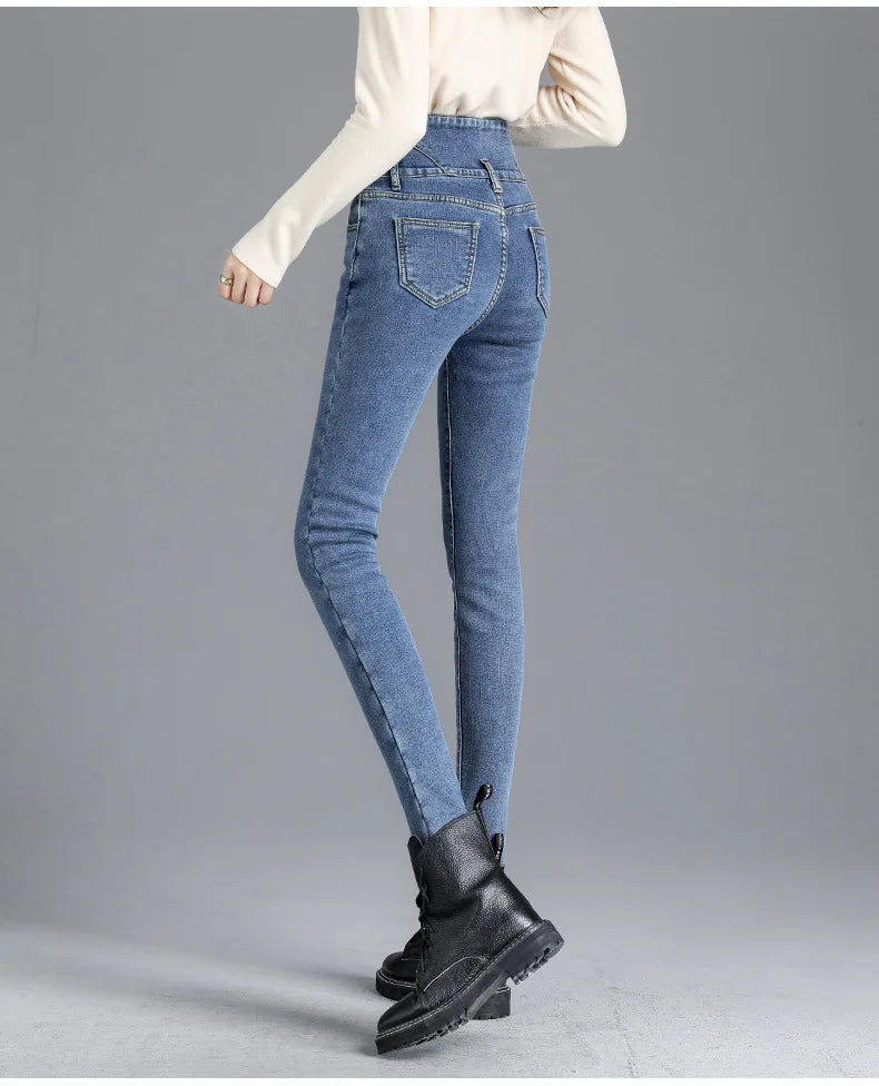 Women’s high-waist thermal skinny jeans, winter warm