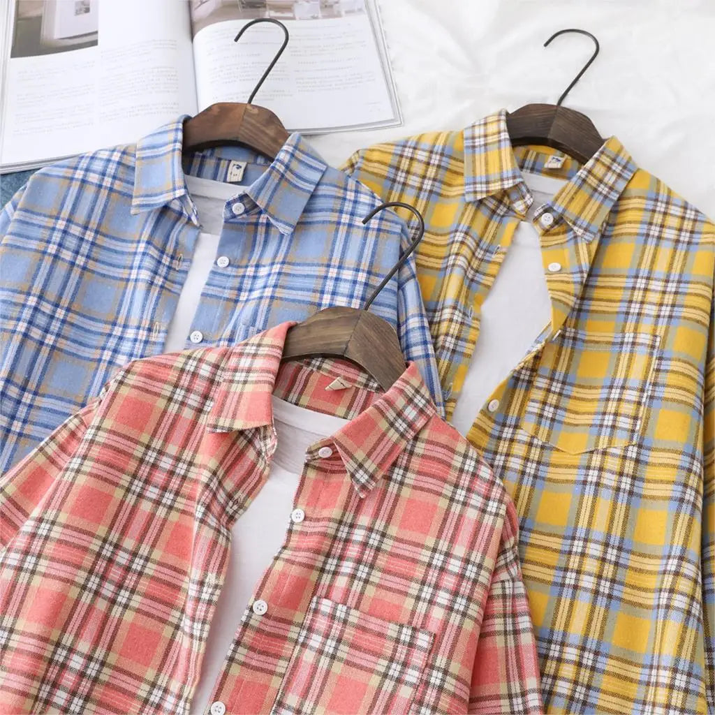Women’s loose plaid shirt long-sleeve casual checked blouse