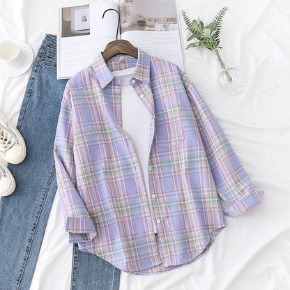 Women’s loose plaid shirt long-sleeve casual checked blouse