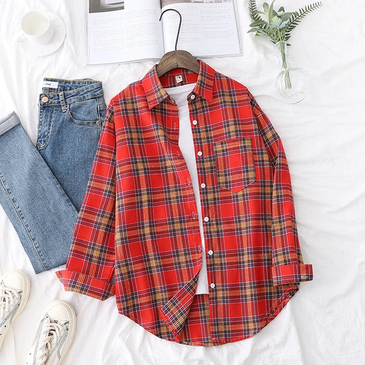 Women’s loose plaid shirt long-sleeve casual checked blouse