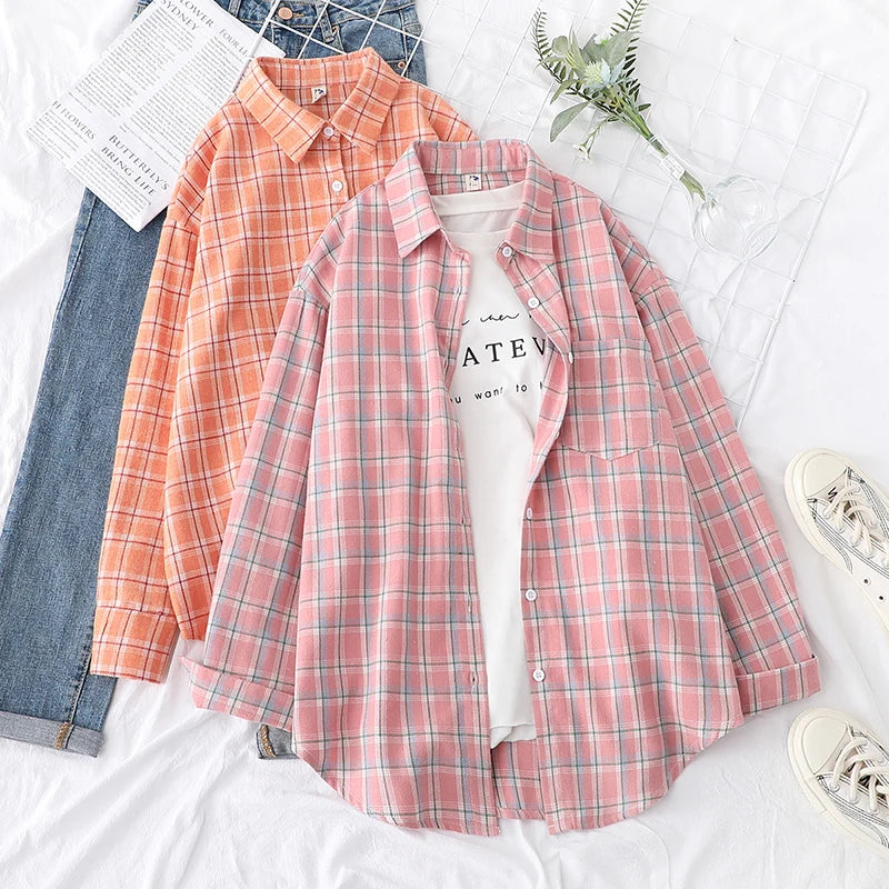 Women’s loose plaid shirt long-sleeve casual checked blouse