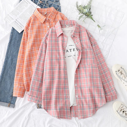 Women’s loose plaid shirt long-sleeve casual checked blouse