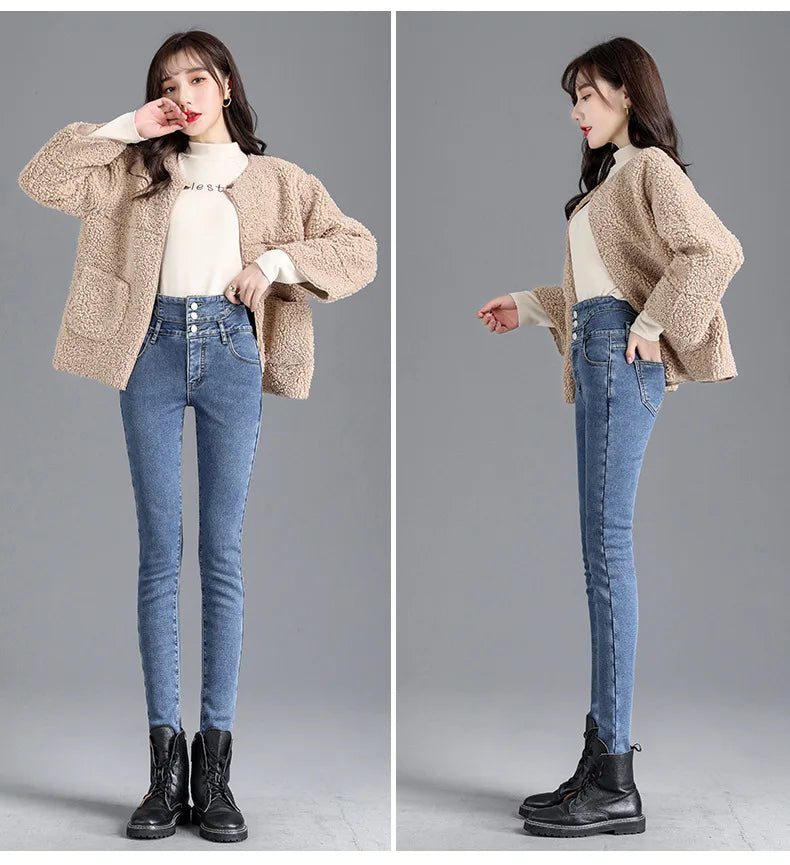 Women’s high-waist thermal skinny jeans, winter warm