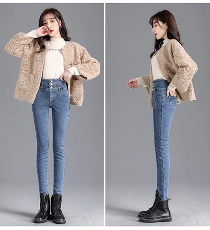 Women’s high-waist thermal skinny jeans, winter warm