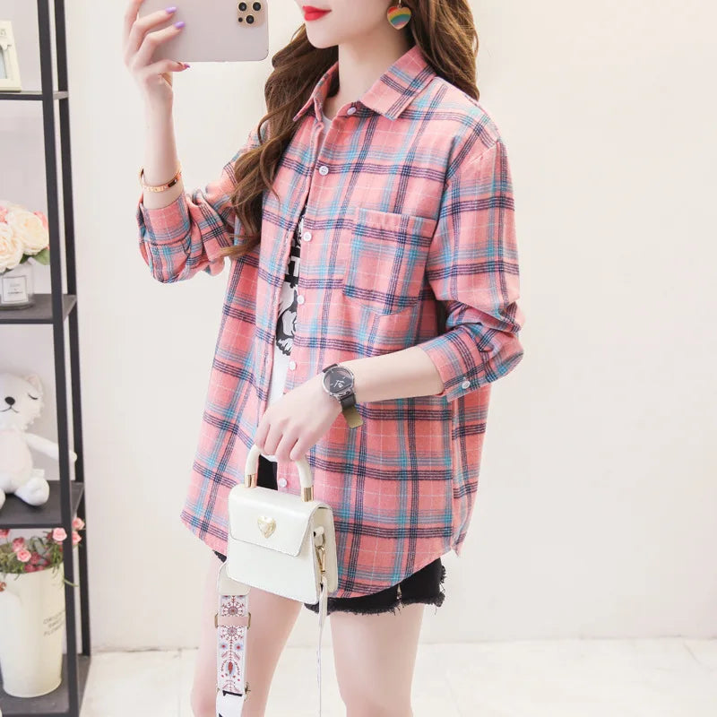 Women’s loose plaid shirt long-sleeve casual checked blouse