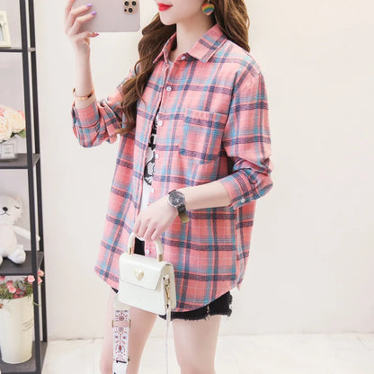 Women’s loose plaid shirt long-sleeve casual checked blouse