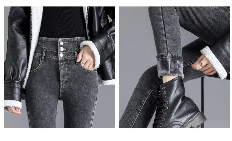 Women’s high-waist thermal skinny jeans, winter warm