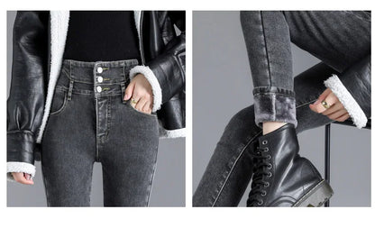 Women’s high-waist thermal skinny jeans, winter warm