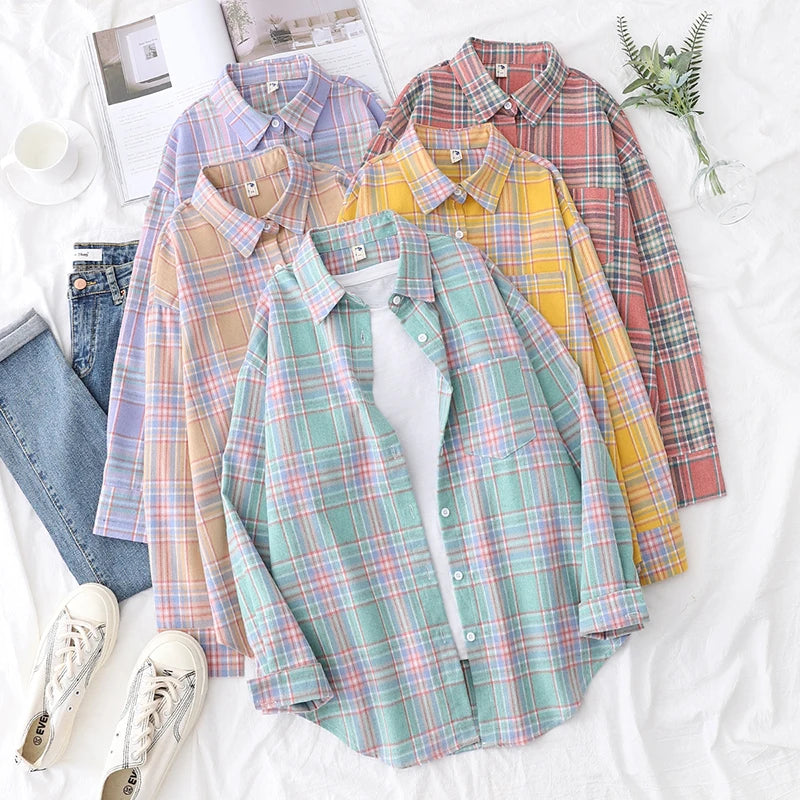 Women’s loose plaid shirt long-sleeve casual checked blouse