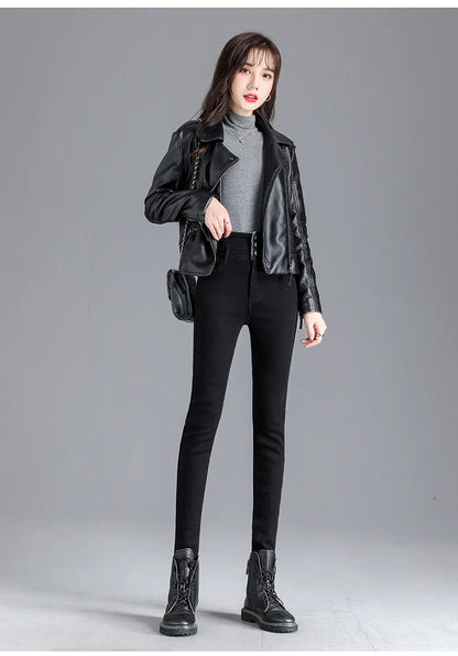 Women’s high-waist thermal skinny jeans, winter warm