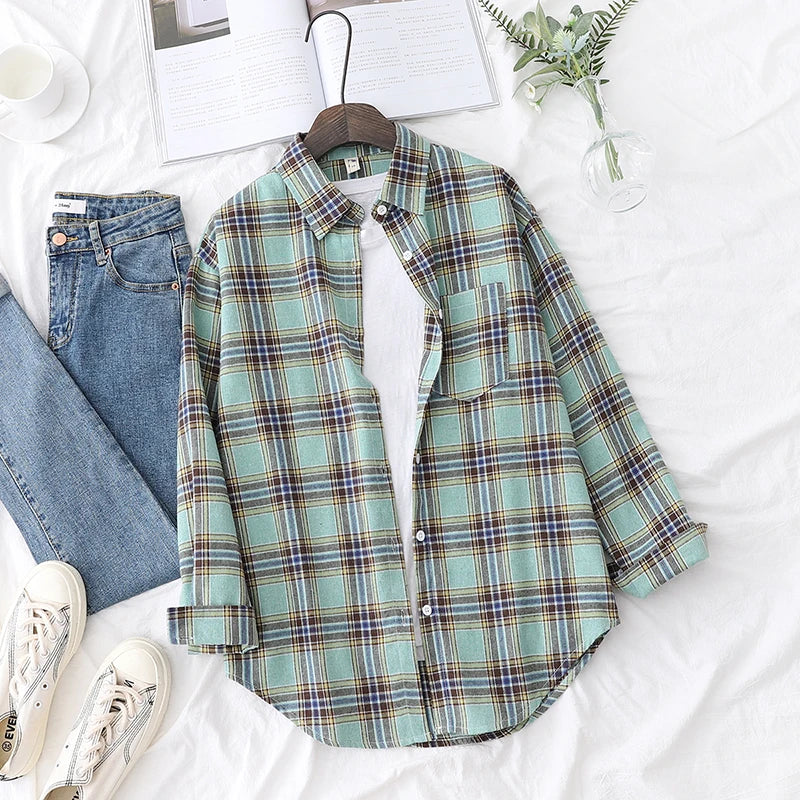 Women’s loose plaid shirt long-sleeve casual checked blouse