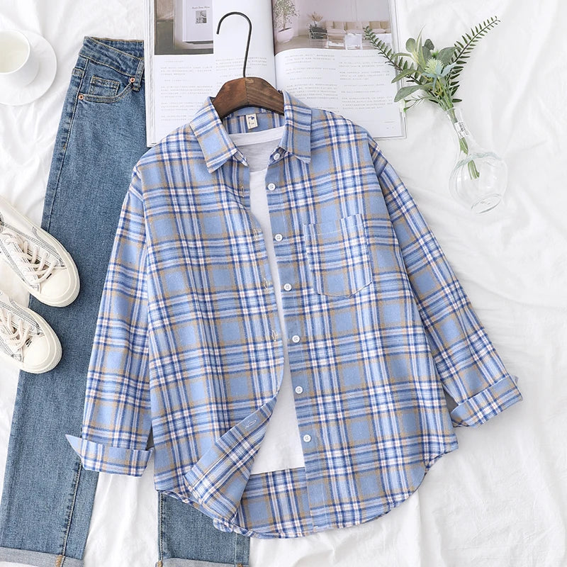 Women’s loose plaid shirt long-sleeve casual checked blouse
