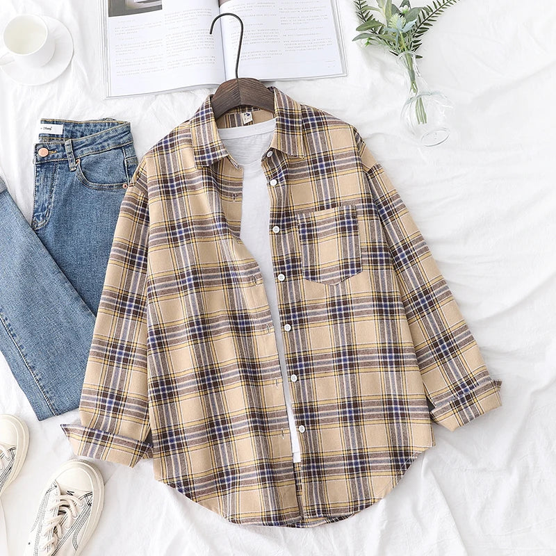 Women’s loose plaid shirt long-sleeve casual checked blouse