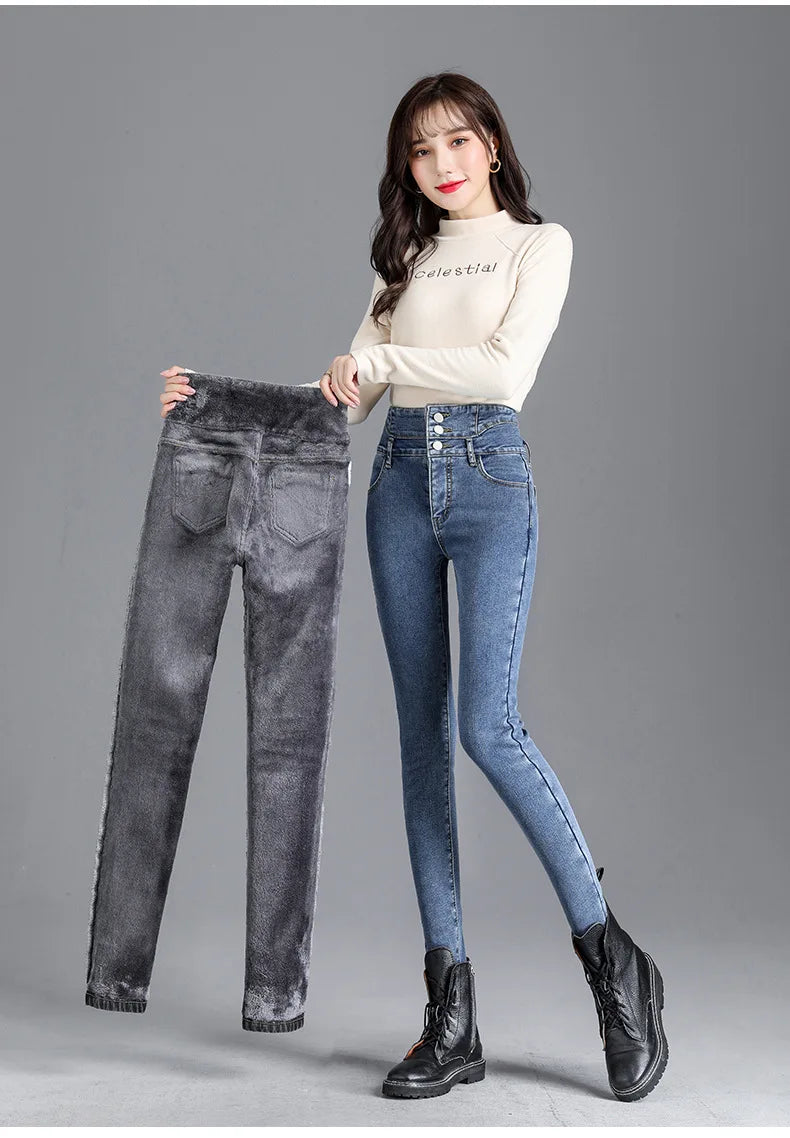 Women’s high-waist thermal skinny jeans, winter warm