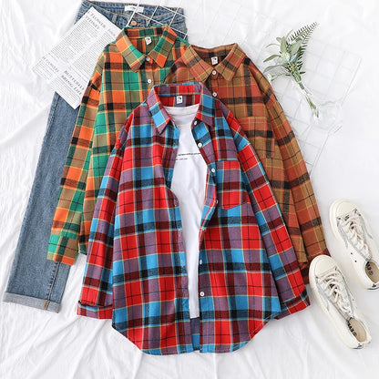 Women’s loose plaid shirt long-sleeve casual checked blouse
