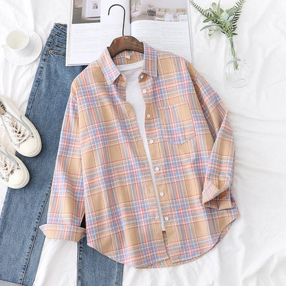 Women’s loose plaid shirt long-sleeve casual checked blouse