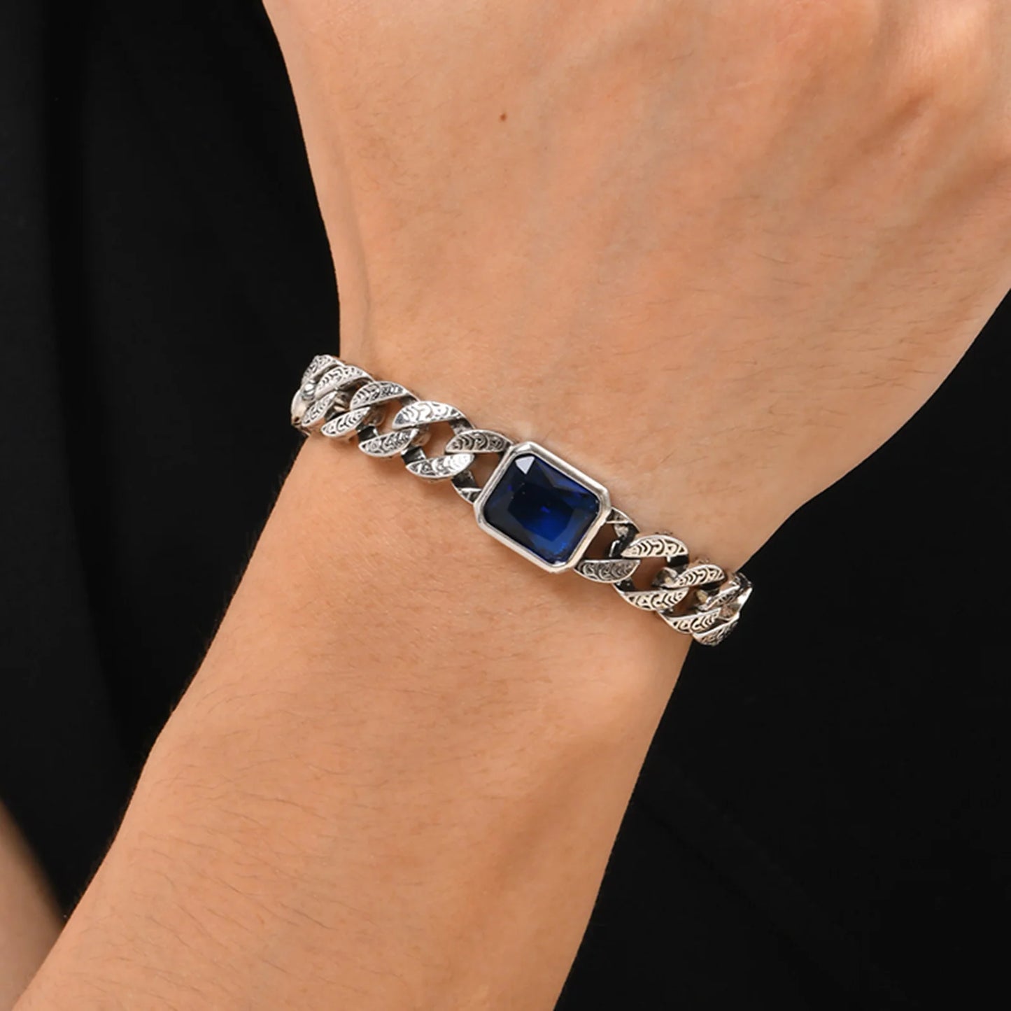 Men’s chunky Cuban chain bracelet with blue stone
