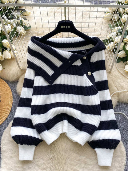 Chic stripe off-shoulder sweater with buttons