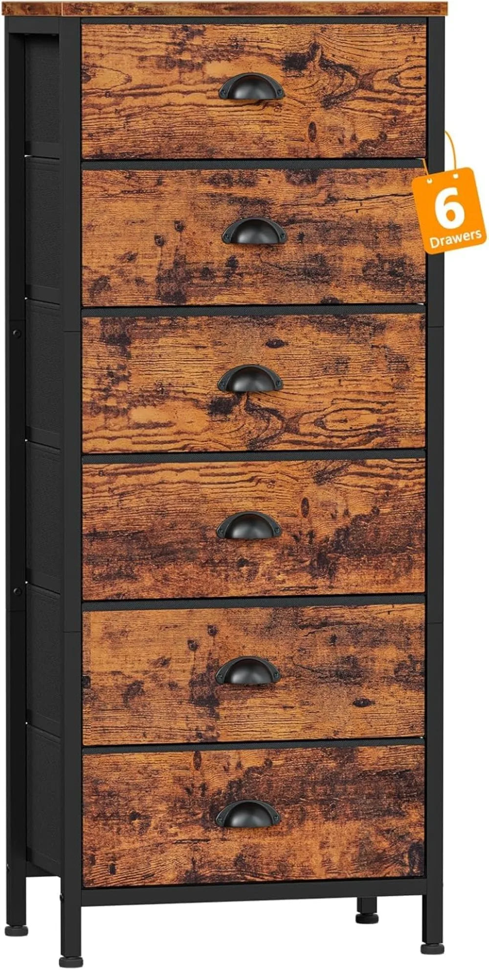 Industrial-style tall dresser with 6 drawers and fabric storage—ideal for bedrooms or dorm rooms