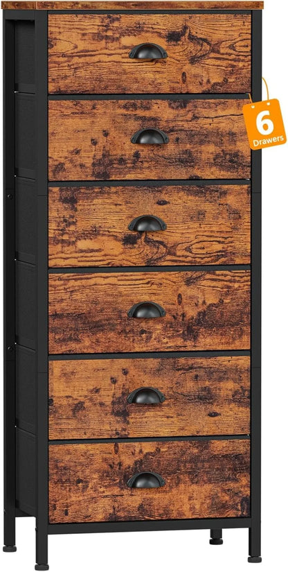 Industrial-style tall dresser with 6 drawers and fabric storage—ideal for bedrooms or dorm rooms